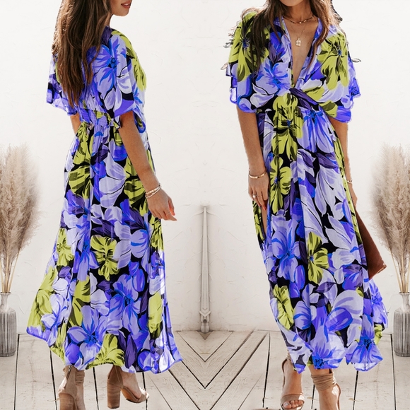 Tropical Temptation Plunge Dress - Blue - Picture 2 of 6